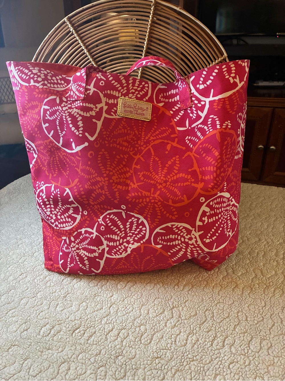 Estee Lauder Bright Pink and White Sand Dollar Print Tote